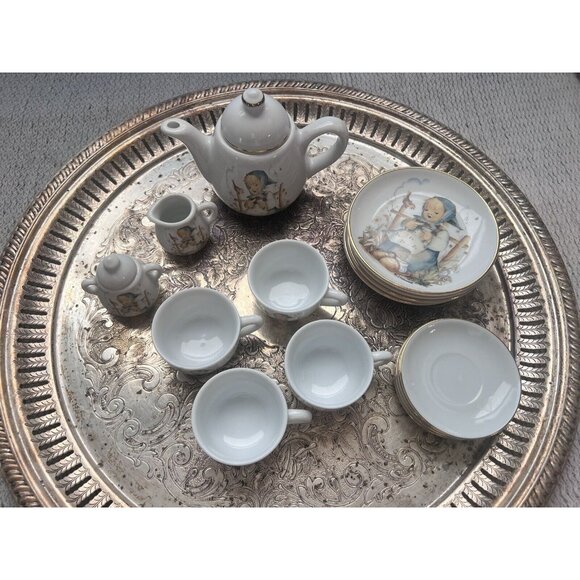 Vintage Reutter Miniature MJ Hummel Mini Porcelain Doll House Tea Set Girl 15 pc - Picture 2 of 8